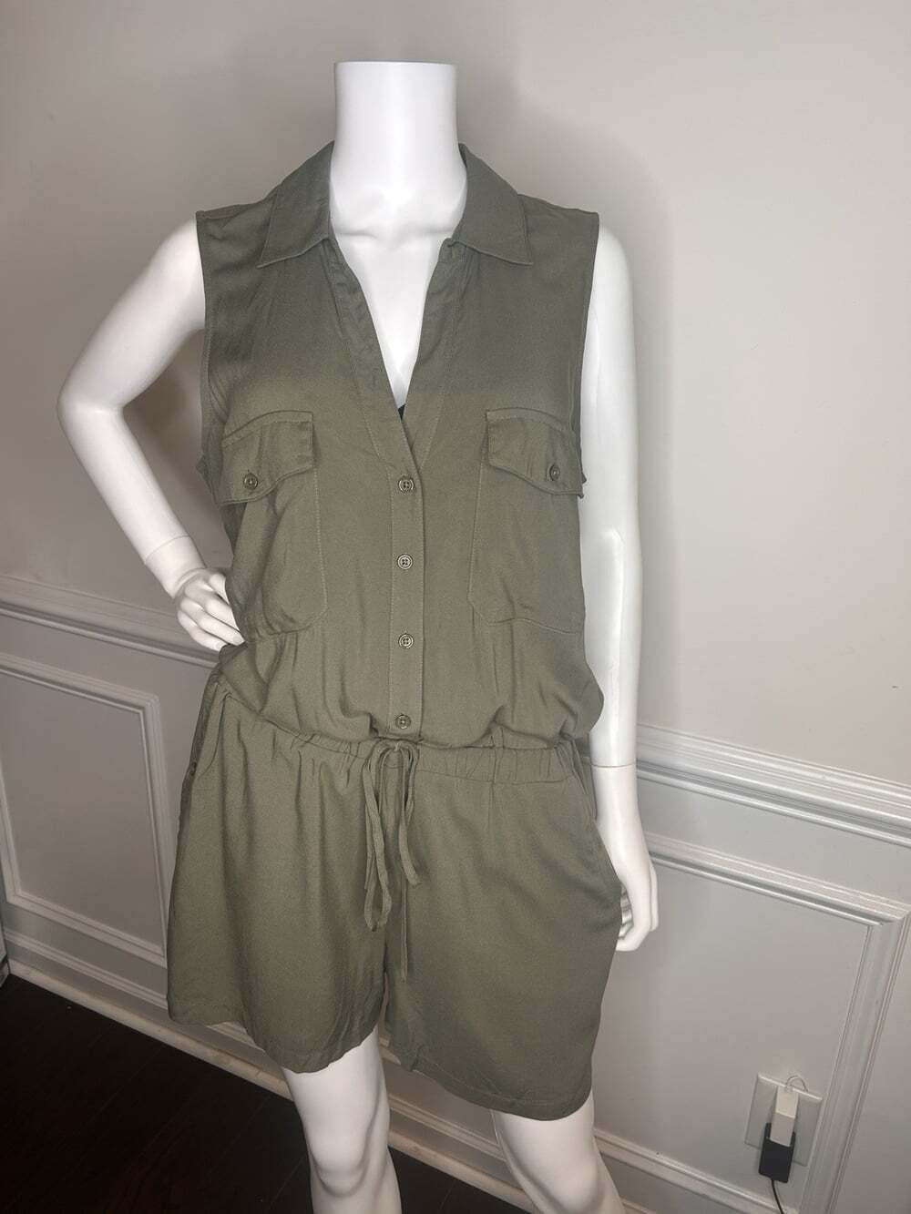 Lascana Sleeveless Drawstring Romper, Olive Green, Sz.12 - Picture 8 of 15